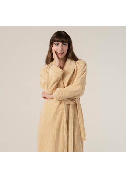 Solıd İplik Boyalı Çizgili Pamuk %100 Pamuk Bornoz Small Beden Natürel - Sarı fiyatları