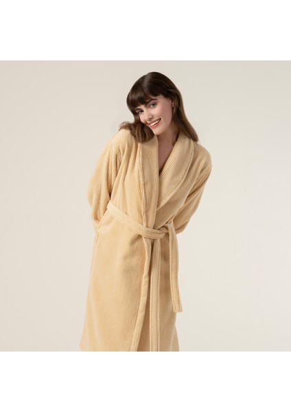 Solıd İplik Boyalı Çizgili Pamuk %100 Pamuk Bornoz Small Beden Natürel - Sarı modelleri