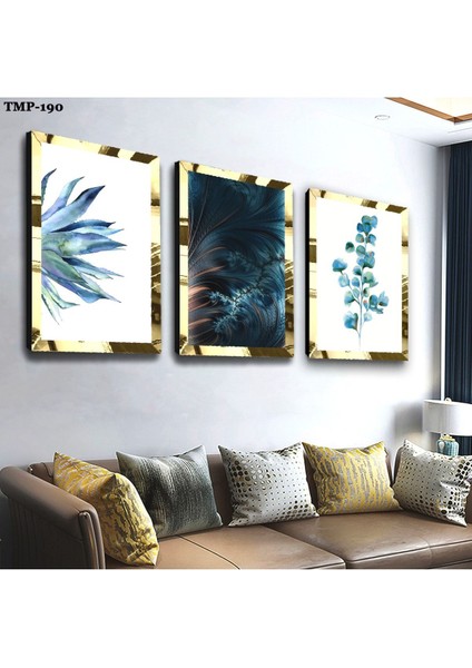 Mavi Çiçek Gold Pleksili Mdf Tablo