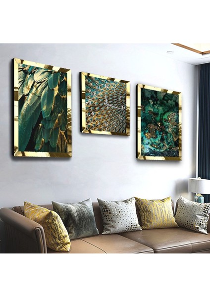 Yeşil Renkli Bitkiler Gold Pleksili Mdf Saat ve Tablo