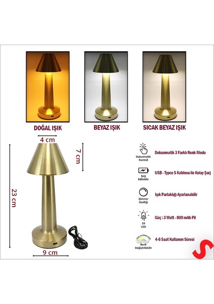 Şarjlı Dokunmatik Ayarlanabilir Renk Tonlu LED Masa Lambası - 23CM