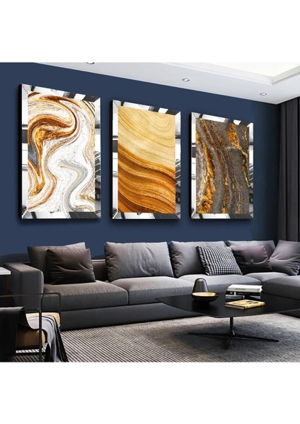 Sarı Renk Modern Gümüş Pleksi Kenar 3'lü Mdf Tablo Seti