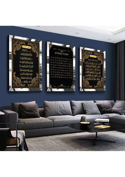 Esmaül Hüsna, Ayetel Kürsi, Fatiha Süresi Dini Gümüş Pleksi Kenar 3'lü Mdf Tablo Seti