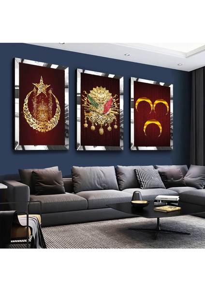 3 Hilal ve Osmanlı Tuğrası Gümüş Pleksi Kenar 3'lü Mdf Tablo Seti