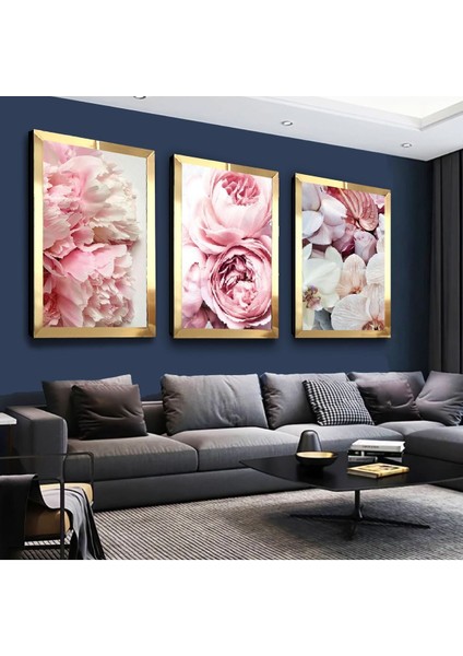 Pembe Güller Gold Pleksi Kenar 3'lü Mdf Tablo Seti