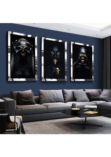 Siyahi Kadınlar Gümüş Pleksi Kenar 3'lü Mdf Tablo Seti