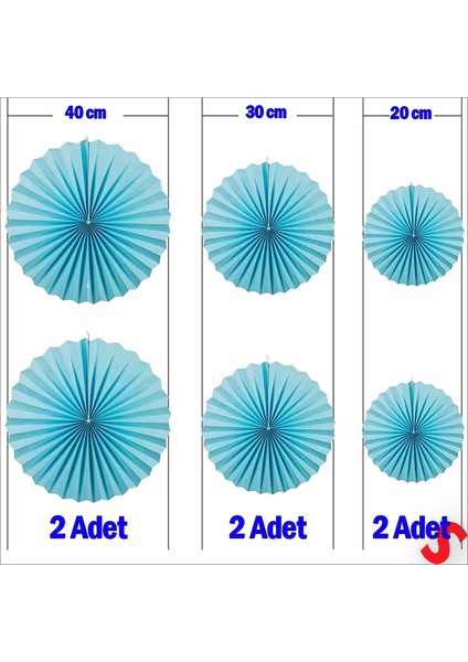 Kağıt Yelpaze Süs, 6 Adetli Set, Mavi
