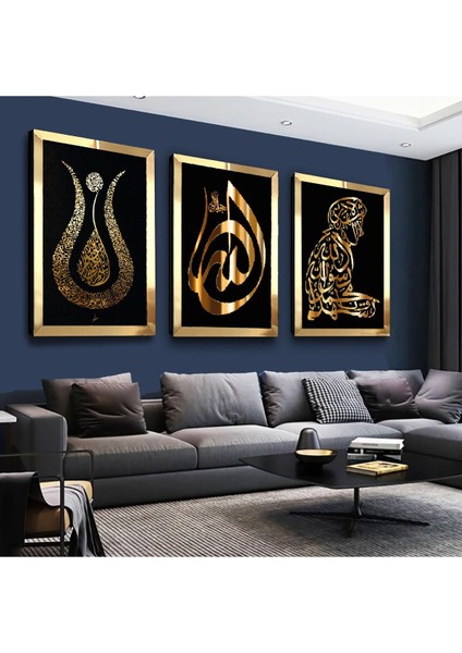 Lale ve Secde Eden Adam Dini Gold Pleksi Kenar 3'lü Mdf Tablo Seti