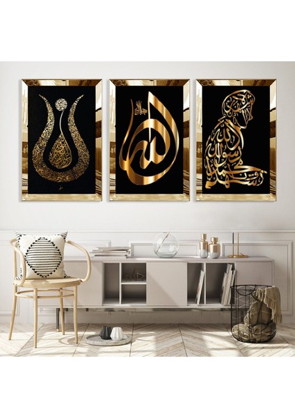 Lale ve Secde Eden Adam Dini Gold Pleksi Kenar 3'lü Mdf Tablo Seti fiyatları