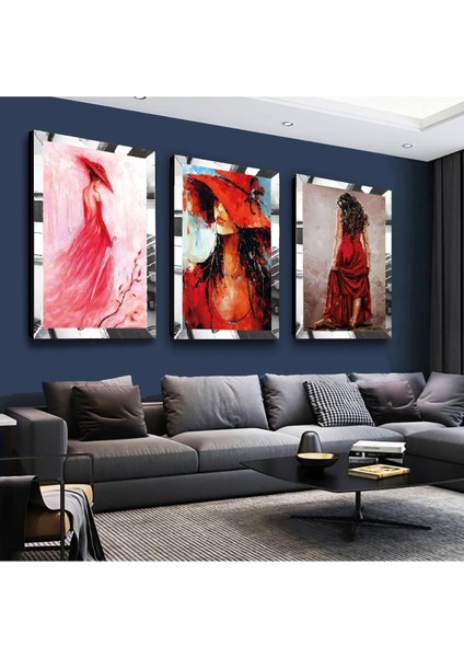 Kolaj Çizim Genç Kadın Gümüş Pleksi Kenar 3'lü Mdf Tablo Seti