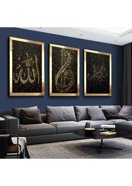 Allah Muhammed Lafzı Gold Pleksi Kenar 3'lü Mdf Tablo Seti