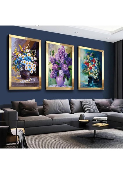 Renkli Vazo Çiçek Gold Pleksi Kenar 3'lü Mdf Tablo Seti