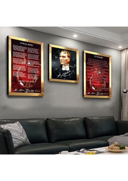 Atatürk Istiklal Marşı ve Gençliğe Hitabe Pleksi Kenar 3'lü Mdf Tablo ve Saat Seti