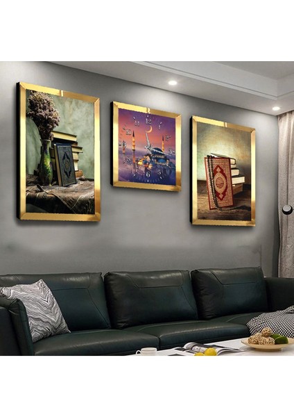 Kuran Pleksi Kenar 3'lü Mdf Tablo ve Saat Seti