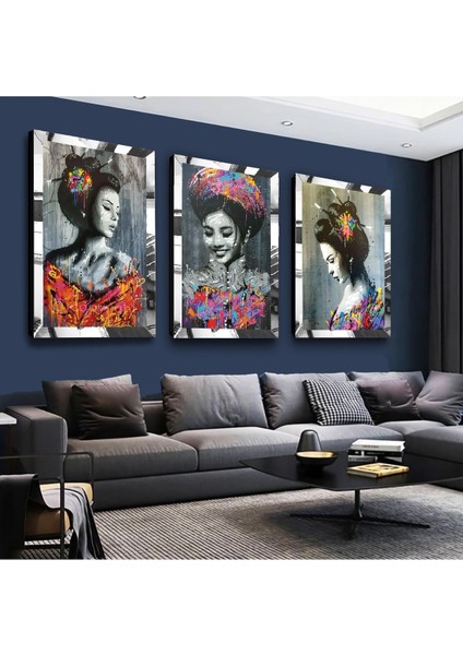 Güzel Kadın Modern Gümüş Pleksi Kenar 3'lü Mdf Tablo Seti