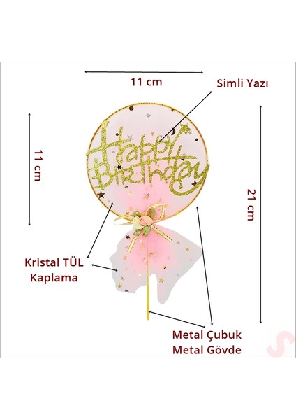 Happy Birthday Tüllü Metal Pasta Süsü, 21CM x 11CM - Pembe fiyatları
