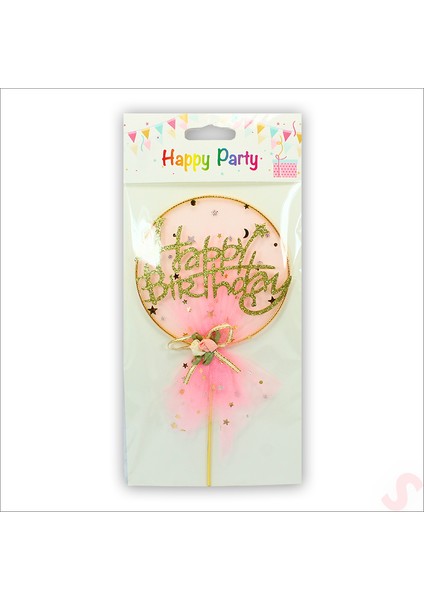 Happy Birthday Tüllü Metal Pasta Süsü, 21CM x 11CM - Pembe fırsatları
