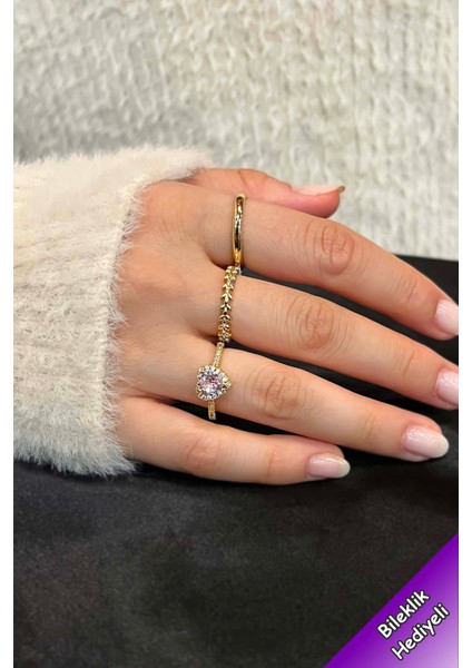 Zirkon Taşlı Gold Zarif Ayarlanabilir Pandora, Taç, Alyans 3'lü Kadın Yüzük Seti