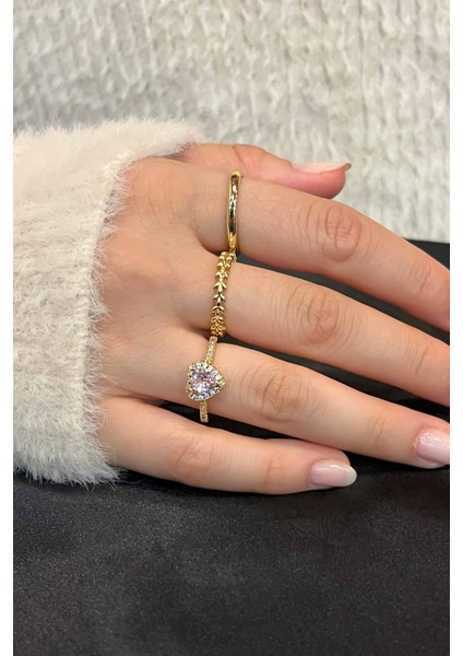 Trend Collection Zirkon Taşlı Gold Zarif Ayarlanabilir Pandora, Taç, Alyans 3'lü Kadın Yüzük Seti