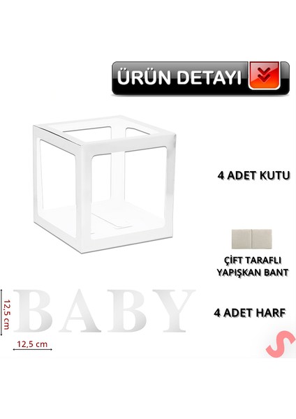 Baby Yazılı Şeffaf Balon Kutusu, 30CM x 4 Adetli Set - Beyaz