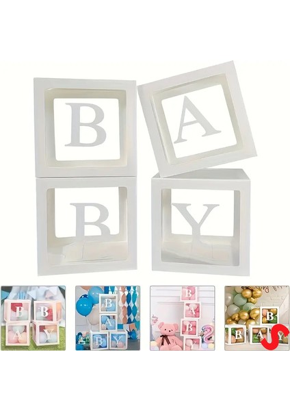 Baby Yazılı Şeffaf Balon Kutusu, 30CM x 4 Adetli Set - Beyaz