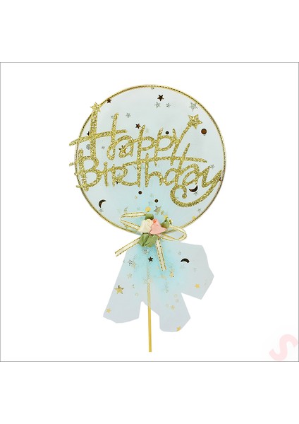 Happy Birthday Tüllü Metal Pasta Süsü, 21CM x 11CM - Mavi