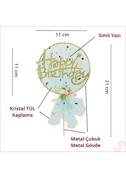 Happy Birthday Tüllü Metal Pasta Süsü, 21CM x 11CM - Mavi fiyatları