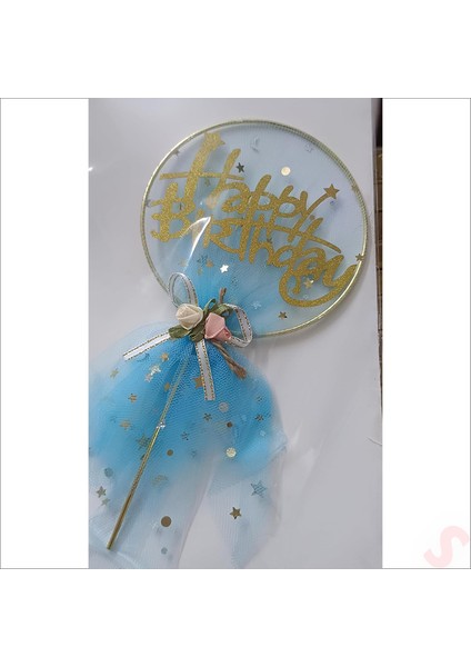 Happy Birthday Tüllü Metal Pasta Süsü, 21CM x 11CM - Mavi modelleri