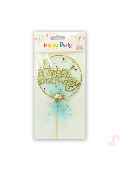 Happy Birthday Tüllü Metal Pasta Süsü, 21CM x 11CM - Mavi fırsatları