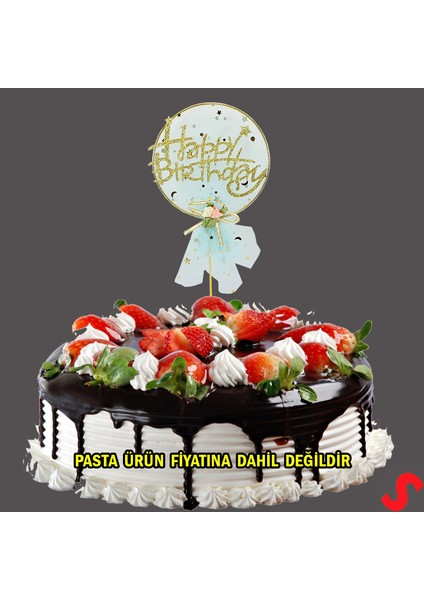 Happy Birthday Tüllü Metal Pasta Süsü, 21CM x 11CM - Mavi indirimleri