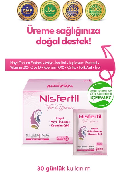 Arnis Pharma Nisfertil Hayıt Tohumu, Miyo Inositol ve Koenzim Q10 İçeren Takviye Edici Gıda 30 Saşe