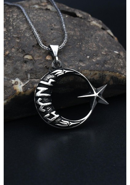 Gümüş Göktürkçe Türk Yazılı Ay Yıldızlı (Ayyıldızlı) 925 Ayar Erkek Gümüş Kolye Zincir 901307