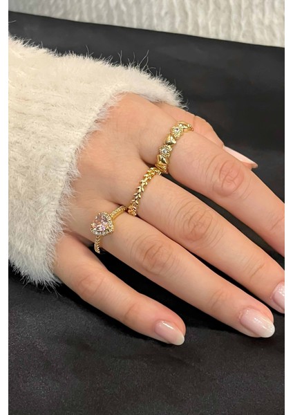 Zirkon Taşlı Gold Zarif Ayarlanabilir Pandora, Taç, Kalp 3'lü Kadın Yüzük Seti fiyatları