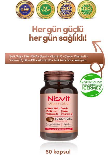 Omega 3, Epa - Dha, Demir, Folik Asit, Vitamin B, C, D, E, Çinko, Iyot Içeren Multivitamin