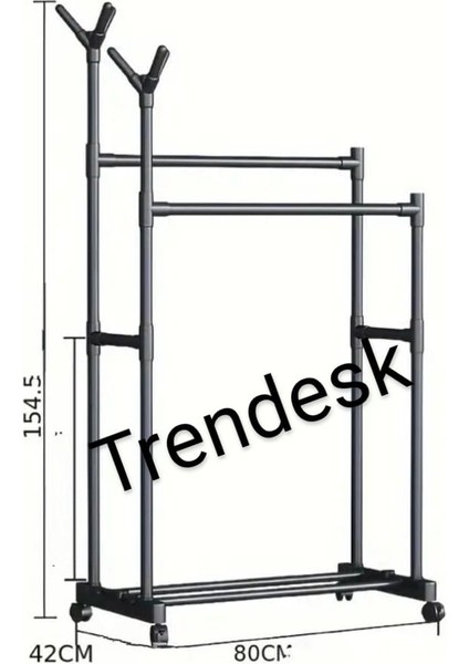 Metal Siyah Tekerlekli Çift Katlı Konfeksiyon Askılığı Giysi Elbise Askılığı 6011