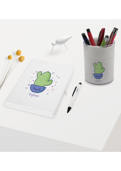 Gift Kişiye Özel Kaktüs Tasarımlı Beyaz Defter Kalem ve Kalemlik Hediye Seti - Model 4