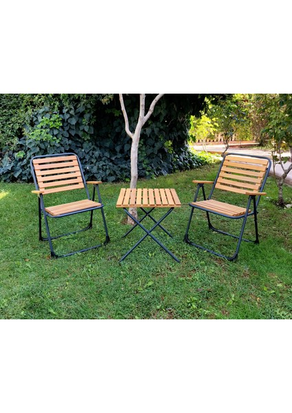 Metal Iskeletli Ahşap Piknik / Bahçe Bistro Set (2 Sandalye + 1 Sehpa)