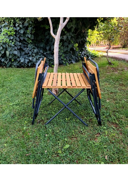 Metal Iskeletli Ahşap Piknik / Bahçe Bistro Set (2 Sandalye + 1 Sehpa)