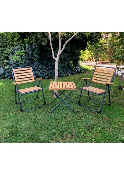 Metal Iskeletli Ahşap Piknik / Bahçe Bistro Set (2 Sandalye + 1 Sehpa)
