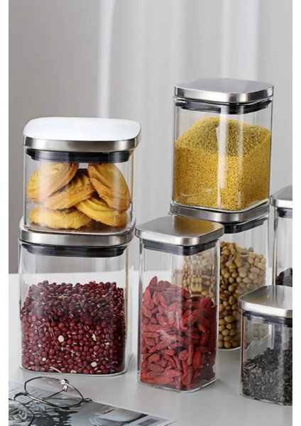 Vakum Krom Kapaklı Kare Cam Kavanoz 8x8*13 cm - 650 ml Cam Baharatlık Saklama Kabı 18 Adet