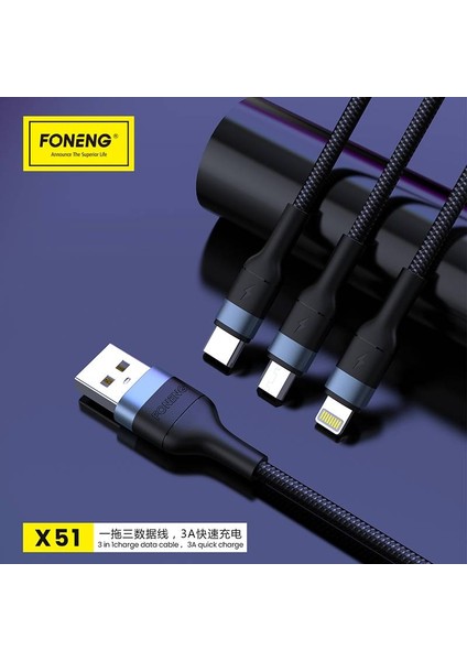 Apple iPhone Uyumlu 3in1 Type-C 3 Amper 1.2 Metre Foneng Hızlı Şarj Kablosu