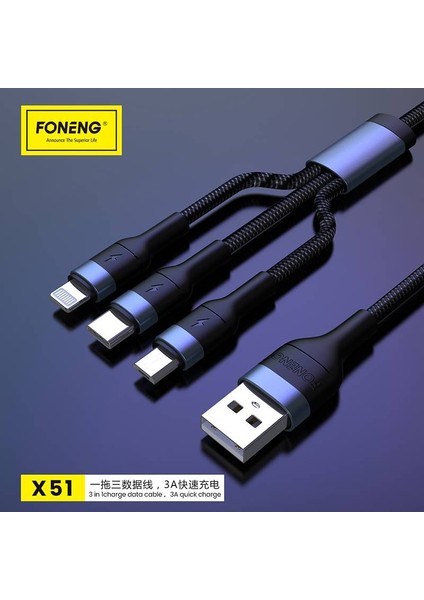 Apple iPhone Uyumlu 3in1 Type-C 3 Amper 1.2 Metre Foneng Hızlı Şarj Kablosu