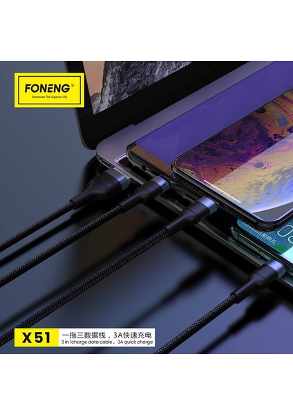 Apple iPhone Uyumlu 3in1 Type-C 3 Amper 1.2 Metre Foneng Hızlı Şarj Kablosu