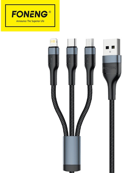 Apple iPhone Uyumlu 3in1 Type-C 3 Amper 1.2 Metre Foneng Hızlı Şarj Kablosu