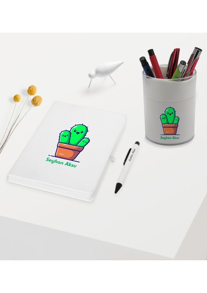 Gift Kişiye Özel Kaktüs Tasarımlı Beyaz Defter Kalem ve Kalemlik Hediye Seti - Model 3