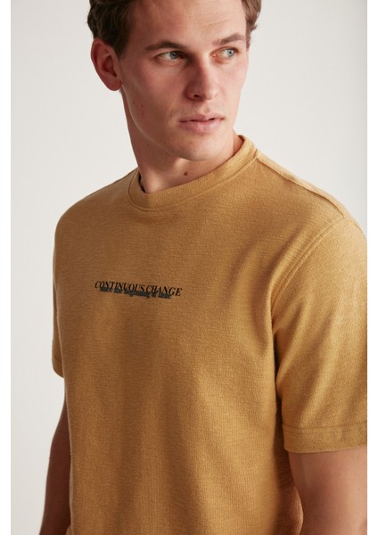 Frankıe Erkek Özel Sütrüktürlü Dokulu Kalın Kumaşlı Baskılı %100 Pamuk Bej T-Shirt