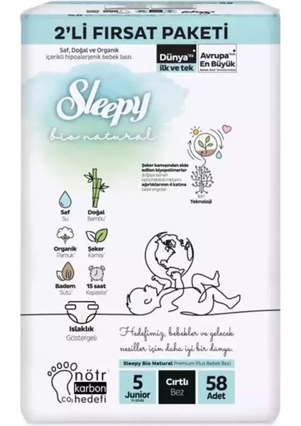 Nessiworld Sleepy Bio Natural Bebek Bezi 2'li Fırsat Paketi 5 Beden 58 Adet