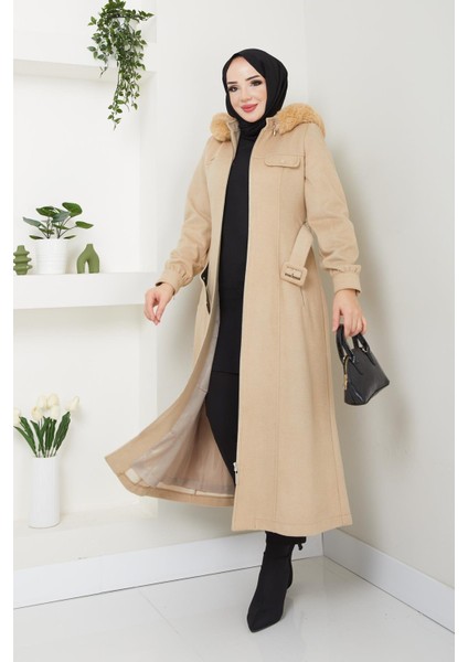 Kışlık Kadın Kaşe Kaban Fermuarlı Spor Model Kapüşonlu Araboy 57026