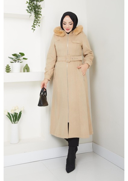 Kışlık Kadın Kaşe Kaban Fermuarlı Spor Model Kapüşonlu Araboy 57026