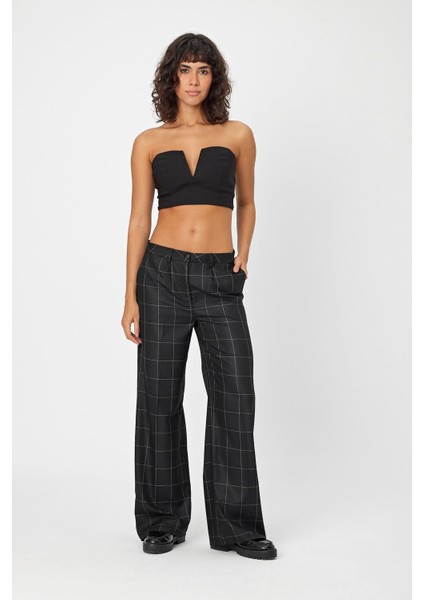Alexandergardi Wide Leg Bol Paça Kareli Çift Cepli Klasik Kadın Pantolon (B24-0001)
